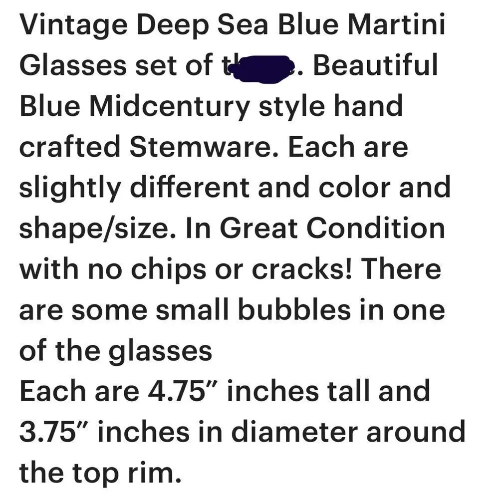 Vintage Deep Sea Blue Martini Glasses Goblets 8 Oz 4 3/4 In Tall 3 1/2 In Round